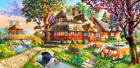 Rural serenity - nice, cottage, trees, paradise, countryside, stream, colorful, creek, painting, art, quiet, home, pretty, reflection, calmness, river, house, bridge, rustic, swans, summer, shore, kids, lovely, serenity, village, ducks, beautiful