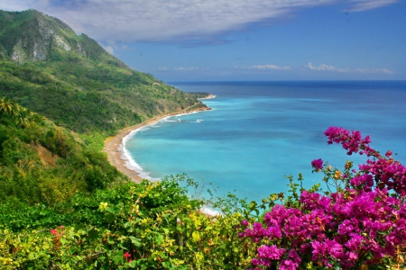 San Rafael beach - nice, sky, slope, beach, water, greenery, bay, view, pretty, grass, sands, hills, lovely, exotic, nature, beautiful, san rafael, flowers, horizons, sea