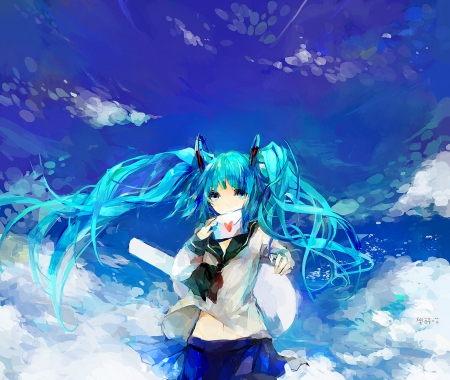 Good day - manga, vocaloid, anime, twintails, Hatsune Miku, aqua hair, vocaloids, sky