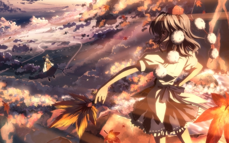 Autumn leaves - shameimaru aya, touhou, hakurei reimu, anime, girl, manga, leaf, female, autumn