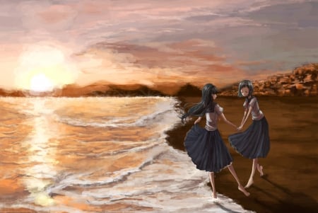 Two Friends On The Beach - girls, sky, friends, uniforms, beach, barefoot, anime, ocean