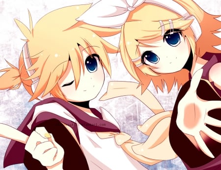 ~Thumps Up!!~ - vocaloid, anime, thumps up, twins, len and rin kagamine, blonde, wink, blue eyes