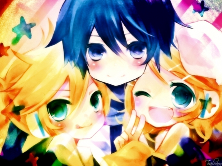 Kaito, Len & Rin - colorful, vocaloid, anime, kaito, len and rin kagamine, friends, wink