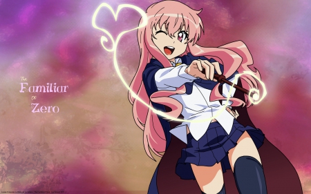 The Familiar of Zero - wink, the familiar of zero, pink hair, louise, wand, anime, cape