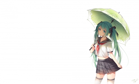 Hurry!! - waiting, anime, vocaloid, miku hatsune, seifuku, school uniform, greenish blue hair, white, umbrella