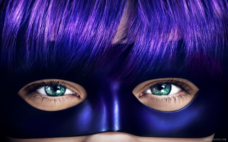 Purple mask - purple, black, green eyes, mask, game, girl, kick ass, blue, fantasy, hair, woman