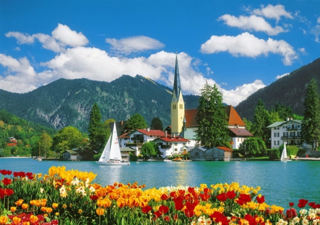 Rottach-Egern, Germany - pretty, summer, town, coast, boat, reflection, mountain, flowers, shore, lake, nice, houses, sky, trees, Germany, water, beautiful, vacation, lovely, rest, village, sailboat, destination