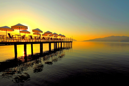 SUMMER RESORT - tables, sea, Turkey, resort, pier, umbrellas