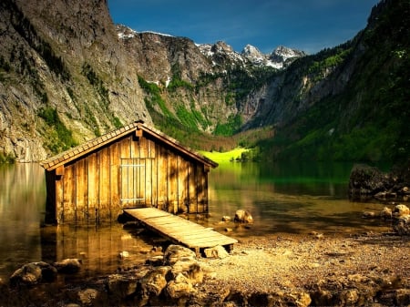 Mountain hut - calm, quiet, hills, cabin, reflection, cliffs, lake, nice, hut, cottage, sky, house, wodden, water, beautiful, slope, lovely, peaks, stones, nature, clear, serenity, rocks