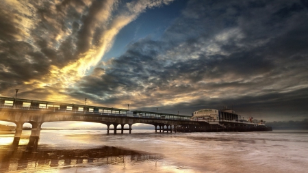 theater on a sea pier at sundown - clouds, sundown, beach, theater, sea, pier