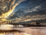 theater on a sea pier at sundown