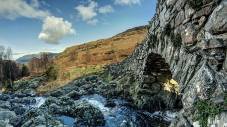 ancient stone bridge over rocky stream hdr - stone, stream, mountains, hdr, old, bridge, rocks