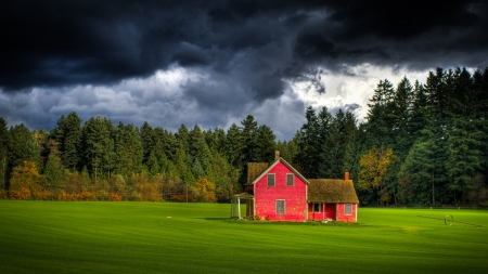 red farmhouse in fort langley british columboa - stormy, red, forest, farmhouse, clouds, fields