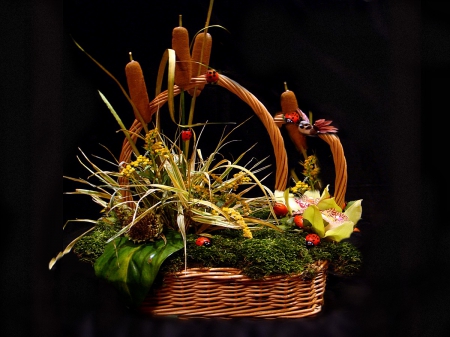 SUNFLOWER BASKET - autumn, sunflowers, fall, grains, decorations, baskets, still life, photos