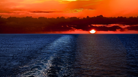 gorgeous sunset behind a ships wake at sea - wake, clouds, horizon, sunset, sea