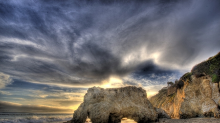 fantastic arched rocks on a beach hdr - arches, rocks, clouds, beach, sunset, sea, hdr