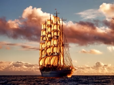 Sailboats - sky, ocean, boats, sailboats, water, large, nature, clouds, shadow