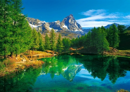 Clear mountain lake - sky, trees, greenery, clear, rocks, crystal, quiet, reflection, calmness, clouds, green, lake, mountain, summer, shore, peaks, serenity, nature, stones