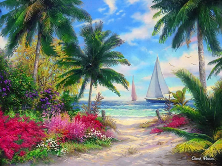 Sea breeze trail - island, flowers, trail, exotic, palm trees, plants, art, pathway, sky, clouds, breeze, palms, sea, ocean, sailboat, painting, sands