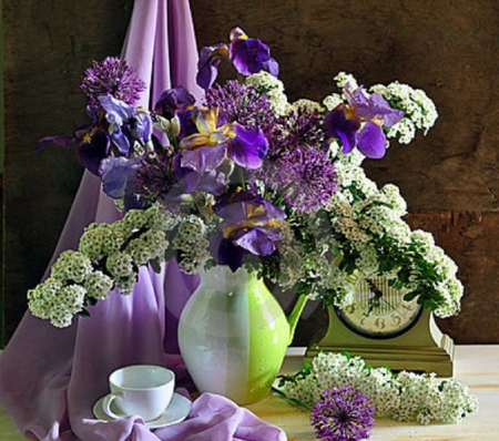 tea time with summer bouquet - tea time, bouquet, summer, flowers, still life