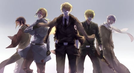 Allies - male, gray background, scarf, hetalia axis powers, allies aph, hetalia, aph, anime, group, manga