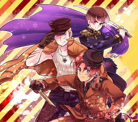 Second players - male, scar, hetalia axis powers, knife, hetalia, trio, axis aph, aph, abstract background, boy, anime, manga, guy