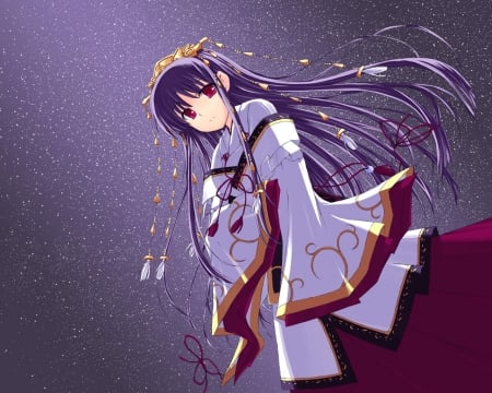 Makino Nanami - stars, female, girl, red eyes, makino, pruple hair, gaalaxy, nanami, anime, kimono, cute