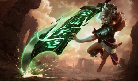 Riven the Exile (Sunshine) - league of legends, riven, green, sword, sun