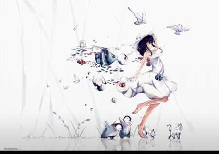 Come On Everyone!! - animals, bubbles, anime, girl, butterflies, hat, black hair, fish, birds, white dress