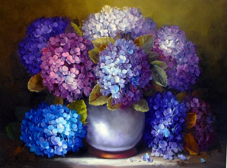 Still Life - hydrangeas, blossoms, flowers, bouquet, vase, still life, nature, blue