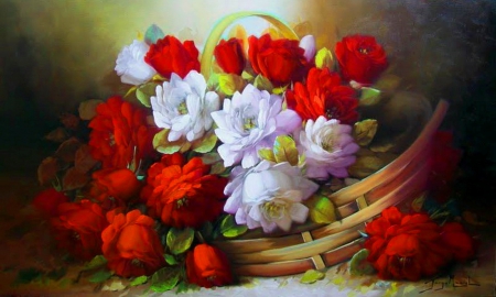 Still Life - nature, painting, red, basket, flowers