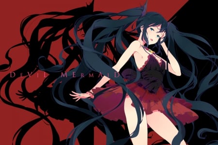 Dark Mermaid - anime, ponytails, dress, black hair, girl, blue eyes