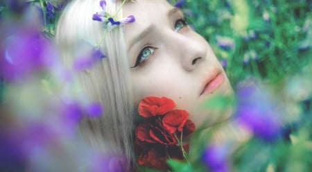 * Dreamer * - nature, face, green eyes, girl, eyes, flowers