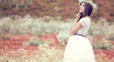 * Cute and lovely * - girl, white dress, bouquet, field, lovely, nature, flowers, dreamer, cute, sweetness