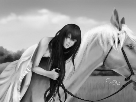 art - girl, animals, wp, black, painting, white, art, horse, friends, grass, white horse