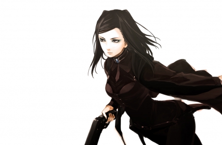 Re-l Mayer - re-l, anime, female, mad, evil, long hair, dark, mayer, pistol, plain, hd, weapon, anime girl, serious, hot, gun, girl, re-l mayer, simple, black, angry, white, sinister, black hair, ergo proxy, cute, sexy