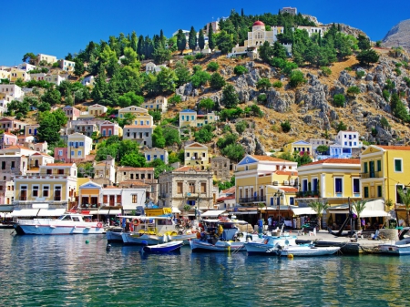 Symi island - boats, nature, island, sea, houses, mountain