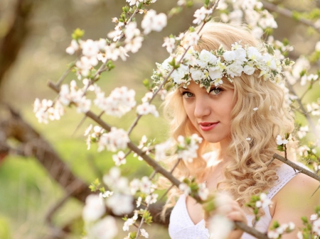 Pretty face - face, blond, model, flowers, spring, woman