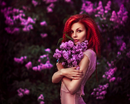 Woman in red hair - flower, portrait, model, flowers, woman