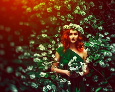 Beautiful woman - wreath, redhead, woman, flower, leaves