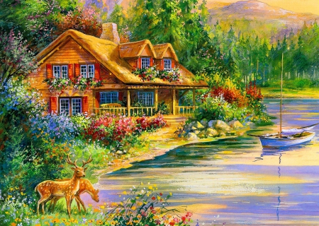 Deer creek cabin - pretty, cabin, creek, boat, forest, flowers, countryside, villa, shore, animal, lake, nice, art, cottage, house, trees, water, beautiful, lovely, village, river, nature, deer, painting, peaceful