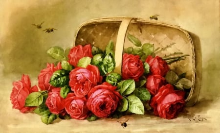 Flowers in basket - pretty, roses, leaves, flowers, scent, red, nice, delicate, beautiful, fragrance, lovely, freshness, still life, petals, bouquet, harmony, basket, tender, bunch