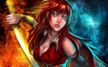 Warrioress of Fire & Ice - sword, wallpaper, katana, artwork, abstract, girl, redhead, fire, fighter, fantasy, picture, woman, warriores, art, skyphoenixx1, warrioress, ice