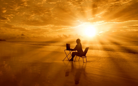 surfing online at the beach - summer, surfing, beach, laptop, SkyPhoenixX1, online, sun, clouds, abstract, sunlight, water, vacation, photography, girl, table, sunshine, ocean, chair, picture, notebook, woman, waves, the, wallpaper