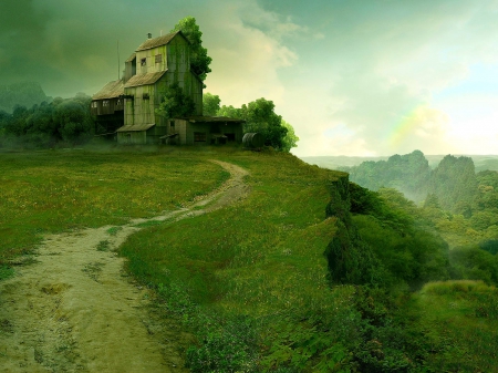 Green landscapes - nature, hill, photography, way, beautiful, colorful, green, house