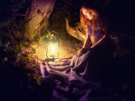 Fairyland - beauty, magic, colorful, shine, dark, lamp, girl, light, night, lovely, ghost, forest, beautiful, splendor, colors, faery, fairy