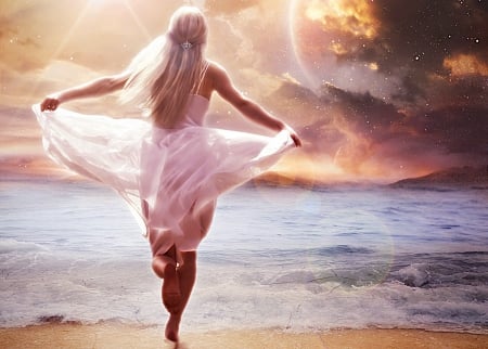 My Ocean of Eternity - space, eternity, lights, wallpaper, fantastic, beach, running, stars, abstract, ocean, girl, fantasy, picture, woman, my, sky, skyphoenixx1, of, clouds, princess, sea, waves, sunshine