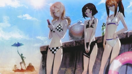 Steins Gate's Girls - swimsuits, girls, anime, beach