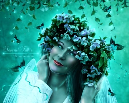 ~Angel in the Spring~ - girls, women, photomanipulation, female, hair, emotional, florals, fantasy, model, pretty, cool, digital art, angels, fairies, green, butterflies, lady, background, lovely, charm, weird things people wear, beautiful, animal, colors, flowers, dress