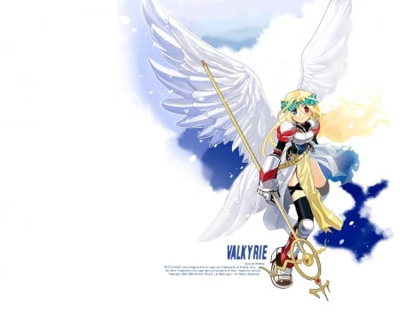 Milktea Ragnaro - multple eyes, sky, angel, gril, blue eye, warrior, wings, clooud, long hair, red eye, happy